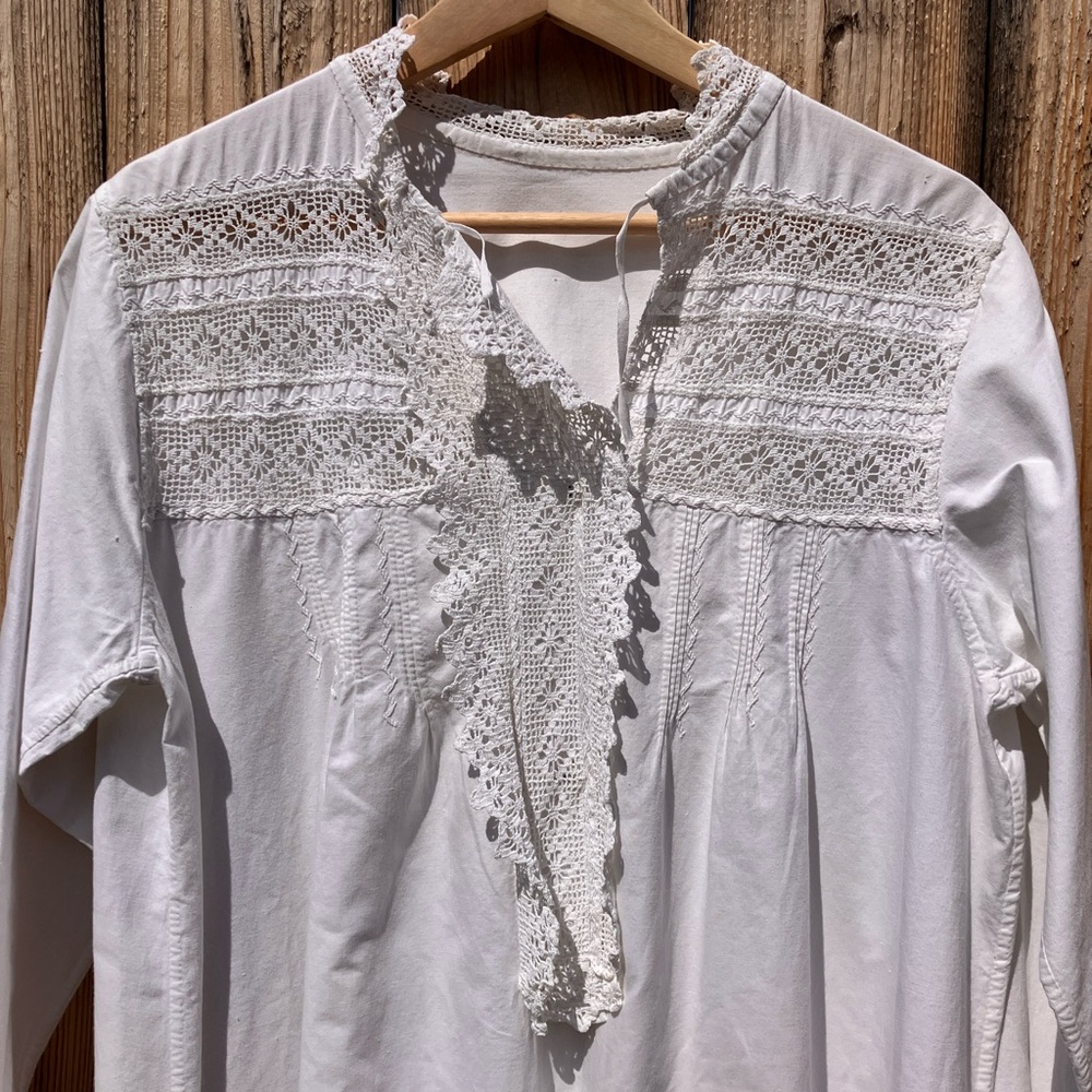 RARE Antique Edwardian 1900s Nightgown Crochet Collar White Lace Maxi Dress